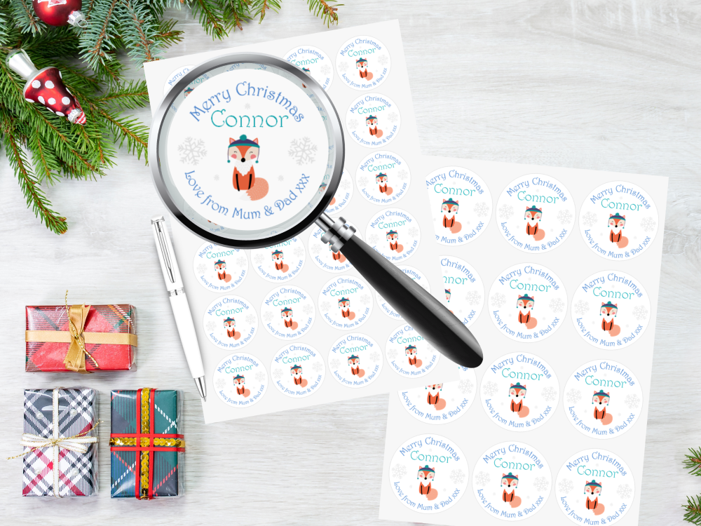 Winter Fox Boy's Personalised Christmas Stickers (Blue)