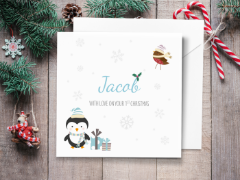 Boy's Blue Penguin & Robin Personalised 1st Christmas Card