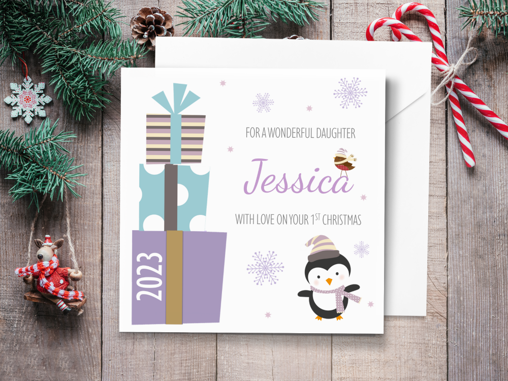 Girl's Lilac Penguin & Gifts 2022 Personalised 1st Christmas Card