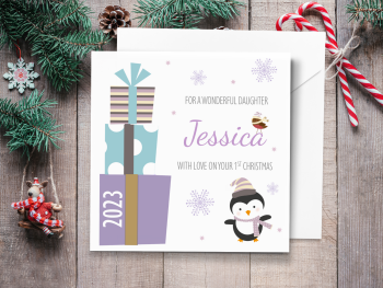 Girl's Lilac Penguin & Gifts 2023 Personalised 1st Christmas Card
