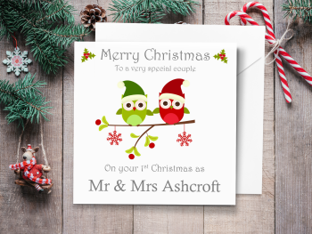 Christmas Owls Mr & Mrs Personalised Christmas Card (Mr & Mr or Mrs & Mrs)