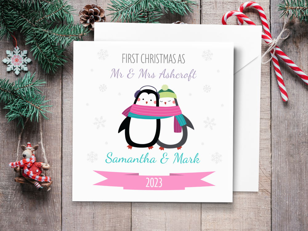 Cute Penguin First Christmas as Mr & Mrs 2022 Personalised Christmas Card (