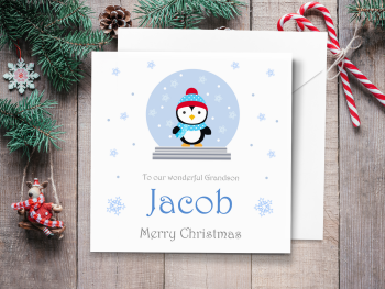 Boy Penguin in Snowglobe Personalised Christmas Card