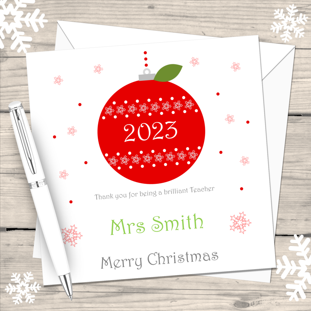 Teacher Red Bauble/Apple 2021 Personalised Christmas Card