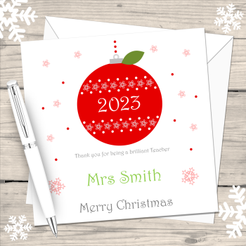 Teacher Red Bauble/Apple 2021 Personalised Christmas Card