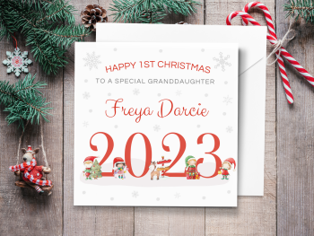 Baby's 1st Christmas 2023 Personalised Card with Santa's Elves - RED