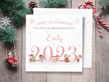Baby's 1st Christmas 2023 Personalised Card with Santa's Elves - PINK