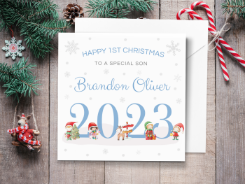 Baby's 1st Christmas 2023 Personalised Card with Santa's Elves - BLUE