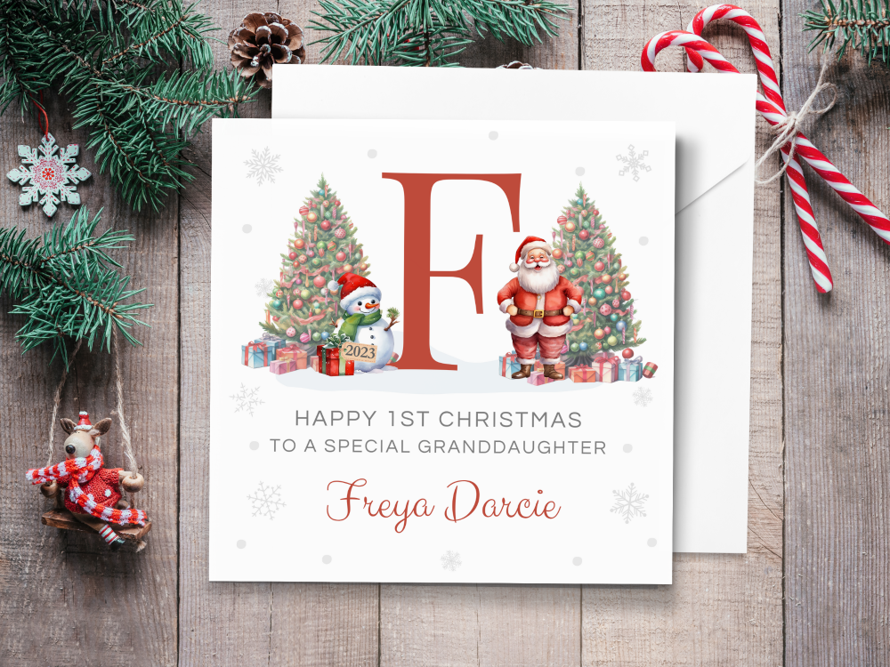 Personalised 1st Christmas Card 2023 with Santa & Initial - RED
