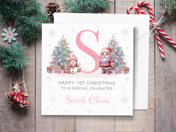 Personalised 1st Christmas Card 2023 with Santa & Initial - PINK