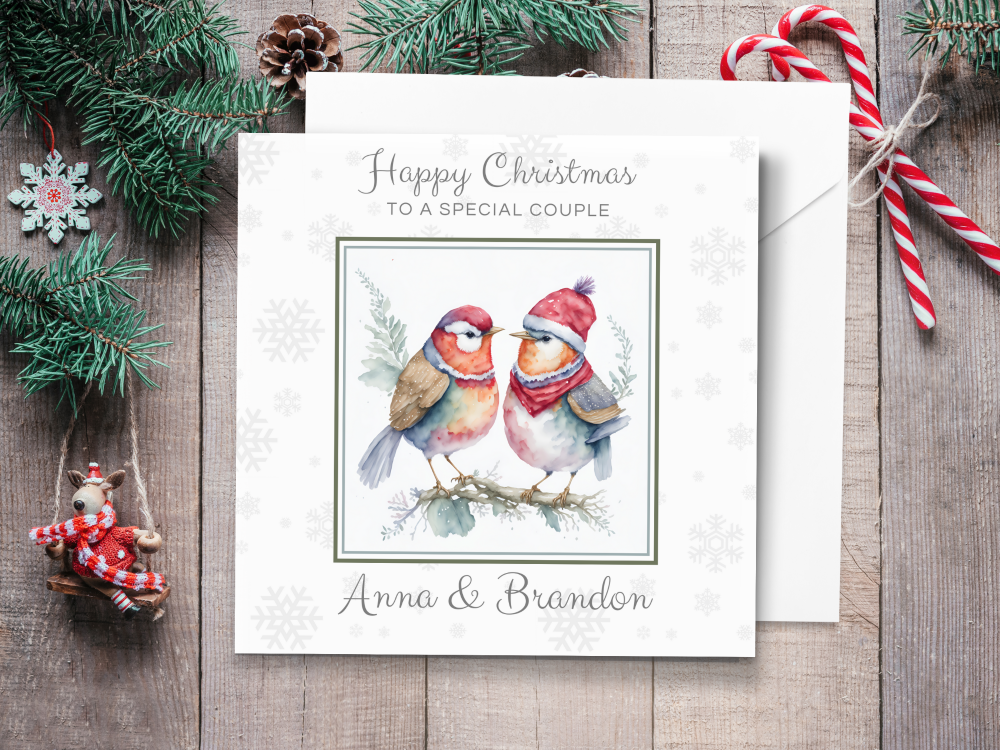 Cute Bird Couple Personalised Christmas Card - Ideal for Special Couples