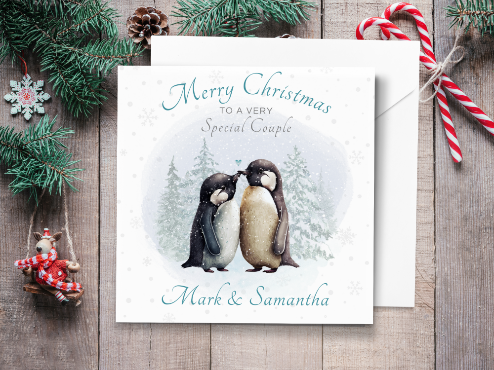 Winter Penguins Couple Personalised Christmas Card - Ideal for Special Coup