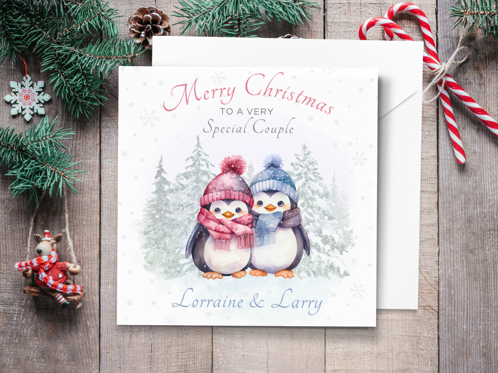 Pink & Blue Penguins Personalised Christmas Card - Ideal for Special Couple