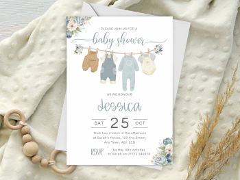 Blue Clothes Line Baby Shower Personalised Invitations and Thank You Cards  from £4.45