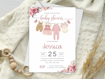 Pink Clothes Line Baby Shower Personalised Invitations and Thank You Cards  from £4.45