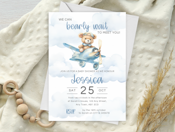 Blue Teddy Bear in Airplane Baby Shower Personalised Invitations and Thank You Cards  from £4.45