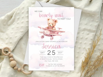 Pink Teddy Bear in Airplane Baby Shower Personalised Invitations and Thank You Cards  from £4.45