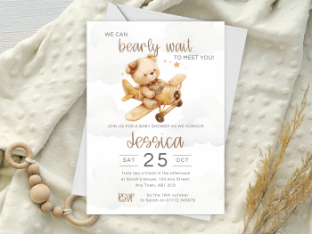 Teddy Bear in Airplane Baby Shower Personalised Invitations and Thank You Cards  from £4.45