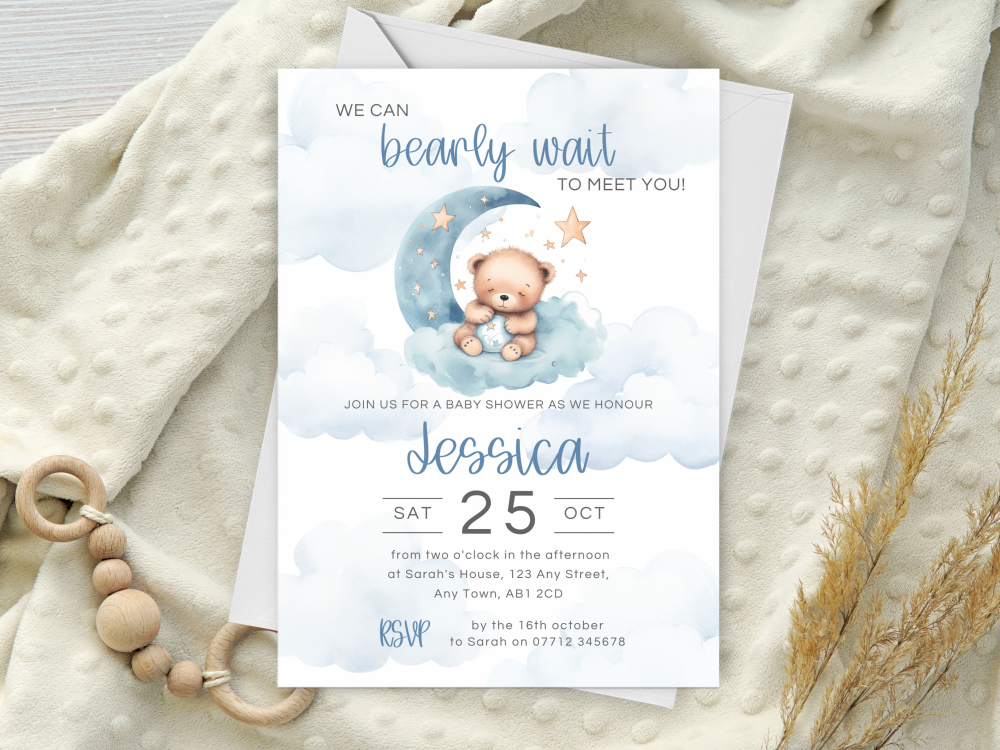 Blue Teddy Bear in Moon Baby Shower Personalised Invitations and Thank You Cards  from £4.45