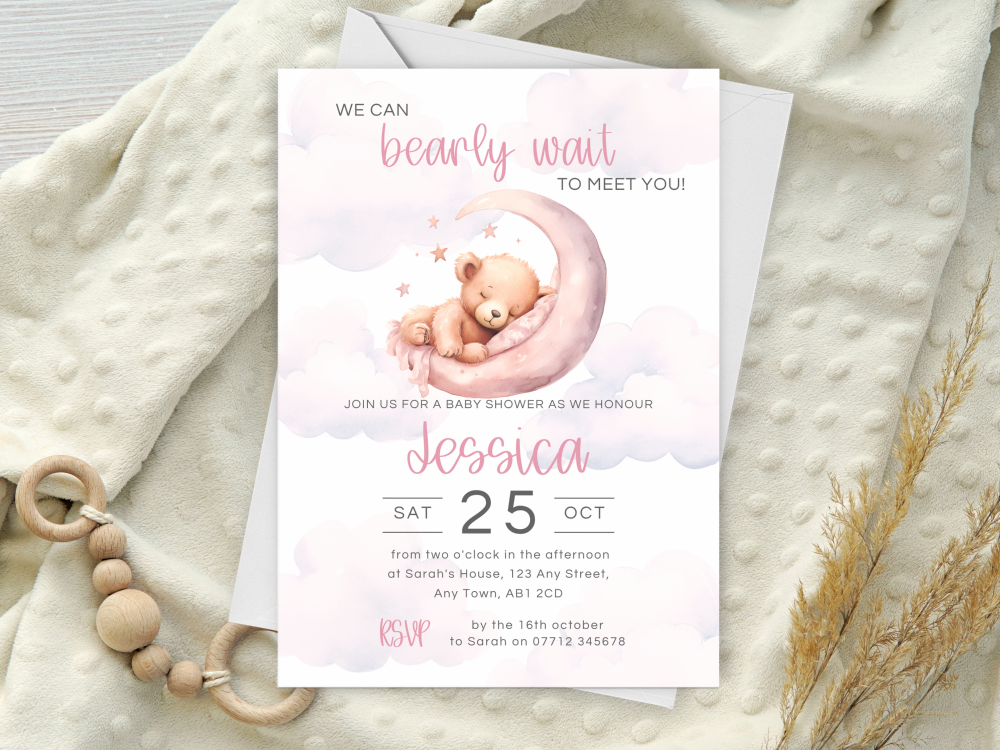 Pink Teddy Bear in Moon Baby Shower Personalised Invitations and Thank You 