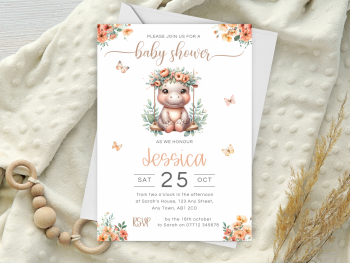 Hippo on a Swing Baby Shower Personalised Invitations and Thank You Cards  from £4.45