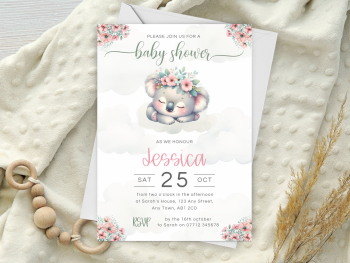 Koala Bear Sleeping Baby Shower Personalised Invitations and Thank You Cards  from £4.45