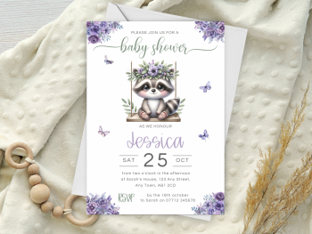 Raccoon on a Swing Baby Shower Personalised Invitations and Thank You Cards  from £4.45