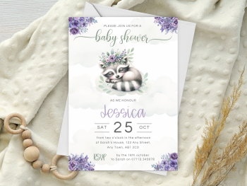 Raccoon Sleeping Baby Shower Personalised Invitations and Thank You Cards  from £4.45