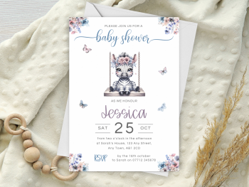 Zebra on a Swing Baby Shower Personalised Invitations and Thank You Cards  from £4.45
