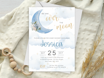 Blue Over the Moon Baby Shower Personalised Invitations and Thank You Cards  from £4.45