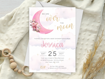 Pink Over the Moon Baby Shower Personalised Invitations and Thank You Cards  from £4.45
