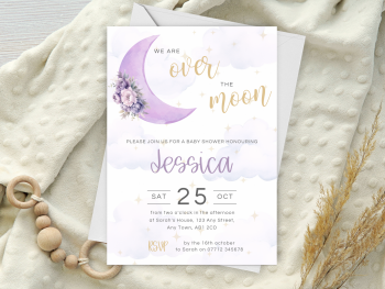 Lilac Over the Moon Baby Shower Personalised Invitations and Thank You Cards  from £4.45