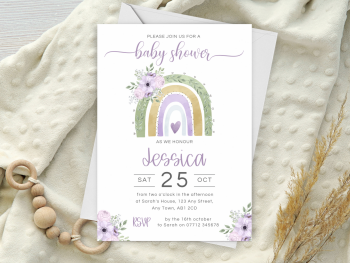 Boho Rainbow & Lilac Flowers Baby Shower Personalised Invitations and Thank You Cards  from £4.45