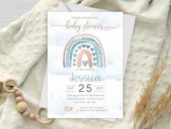 Blue Boho Rainbow & Hearts Baby Shower Personalised Invitations and Thank You Cards  from £4.45
