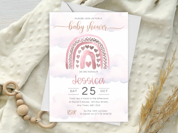 Pink Boho Rainbow & Hearts Baby Shower Personalised Invitations and Thank You Cards  from £4.45