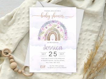 Purple Boho Rainbow & Flowers Baby Shower Personalised Invitations and Thank You Cards  from £4.45