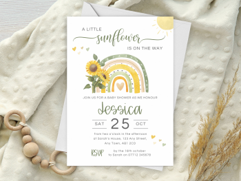 A Little Sunflower Boho Rainbow Baby Shower Personalised Invitations and Thank You Cards  from £4.45