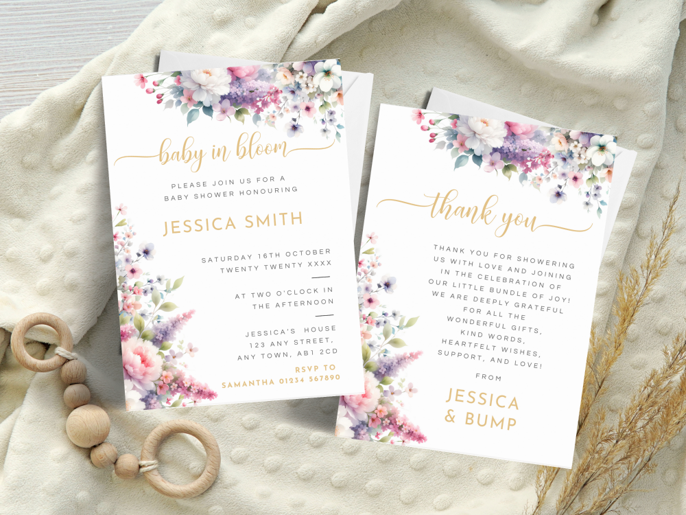 Baby in Bloom Spring Floral Baby Shower Personalised Invitations and Thank 