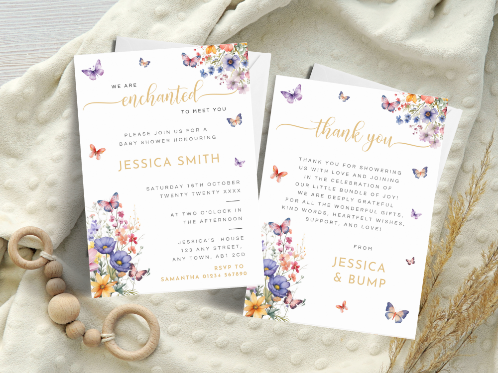 Enchanted To Meet You Butterflies Baby Shower Personalised Invitations and Thank You Cards  from £4.45