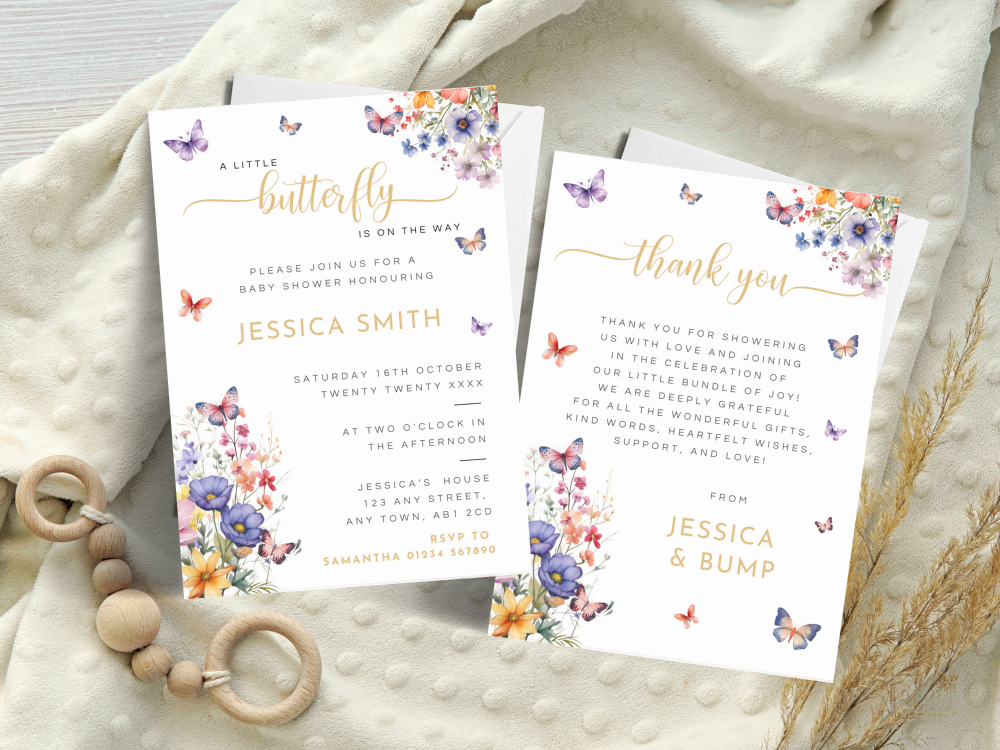 A Little Butterfly Is On The Way Baby Shower Personalised Invitations and Thank You Cards  from £4.45