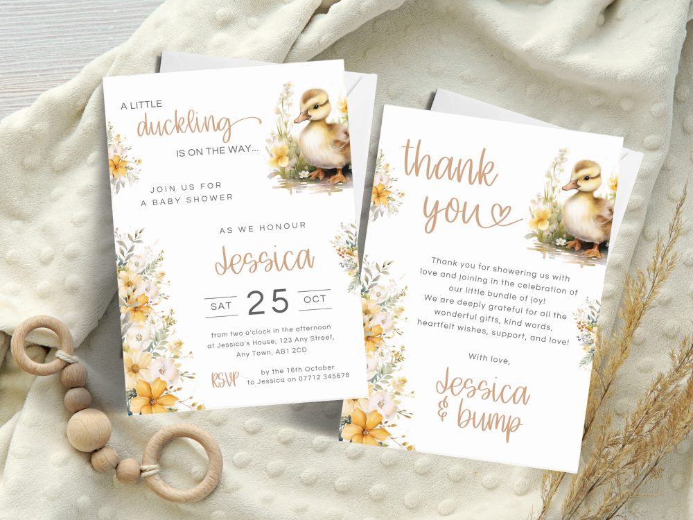 Baby Duckling On The Way Baby Shower Personalised Invitations and Thank You