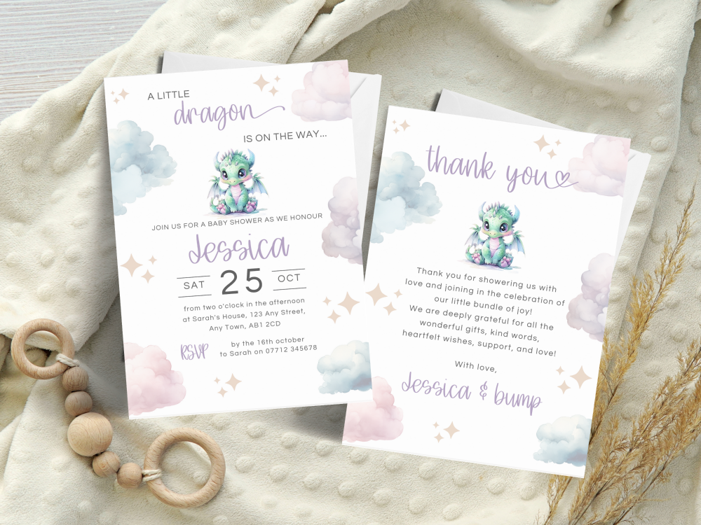 A Little Dragon Is On The Way Baby Shower Personalised Invitations and Thank You Cards  from £4.45