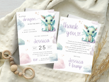 Baby Dragon On The Way Baby Shower Personalised Invitations and Thank You Cards  from £4.45