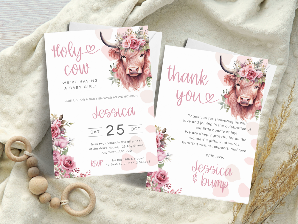 Holy Cow A Baby Girl Is On Her Way PINK Baby Shower Personalised Invitations and Thank You Cards  from £4.45