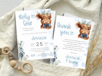 Holy Cow A Baby Boy Is On His Way BLUE Baby Shower Personalised Invitations and Thank You Cards  from £4.45