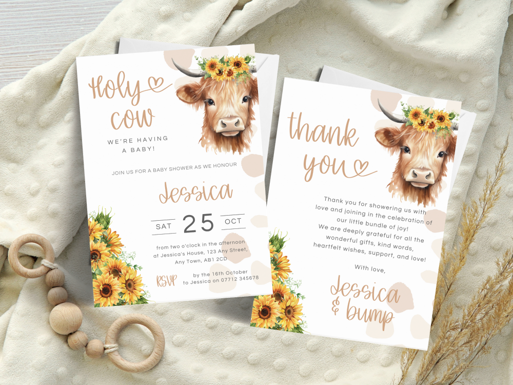 Holy Cow A Baby Is On The Way Unisex Baby Shower Personalised Invitations and Thank You Cards  from £4.45