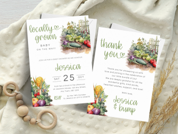 Locally Grown Vegetable Patch Baby Shower Personalised Invitations and Thank You Cards  from £4.45