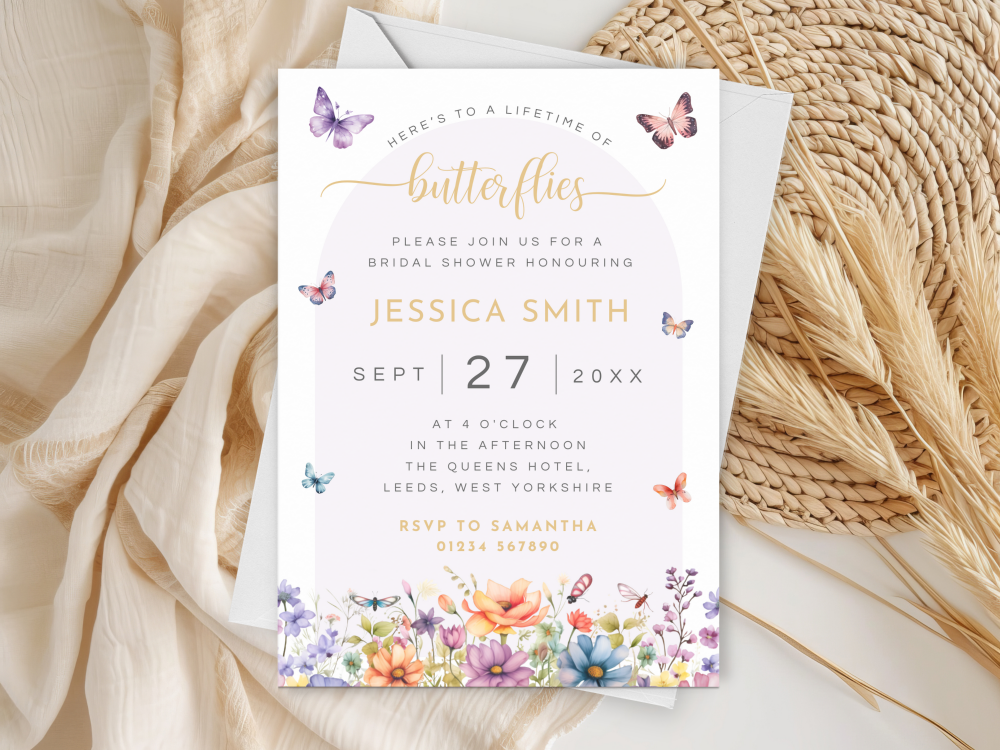 A Lifetime of Butterflies Lilac Arch Bridal Shower Personalised Invitations