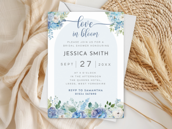 Love In Bloom Dusty Blue Flower Arch Bridal Shower Personalised Invitations and Thank You Cards  from £4.45