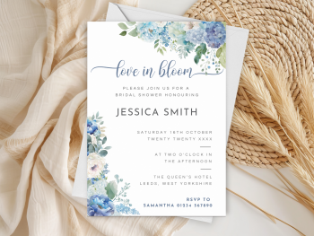 Love In Bloom Dusty Blue Floral Bridal Shower Personalised Invitations and Thank You Cards  from £4.45